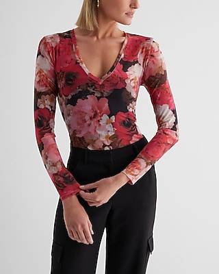 Fitted Mesh Printed Deep V-Neck Bodysuit Multi-Color Women's XS