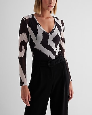Fitted Mesh Printed Deep V-Neck Bodysuit