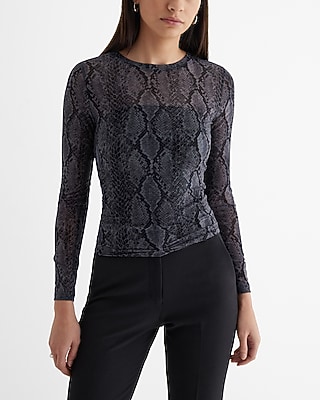 Fitted Mesh Snakeskin Crew Neck Long Sleeve Tee