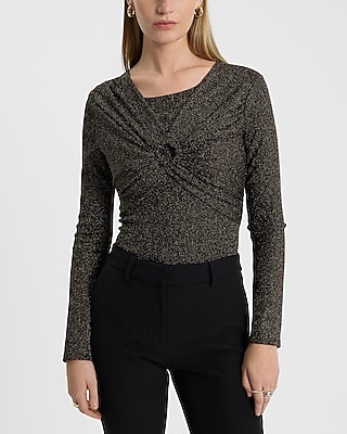 Express Women's Shine Twist Front Top in Pitch Black