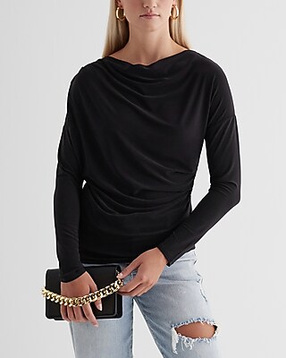 Skimming Cowl Neck Long Sleeve Ruched Tee Black Women's S