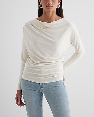 Skimming Cowl Neck Long Sleeve Ruched Tee White Women's L