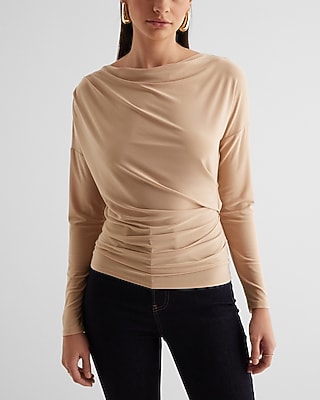 Skimming Cowl Neck Long Sleeve Ruched Tee Neutral Women's L