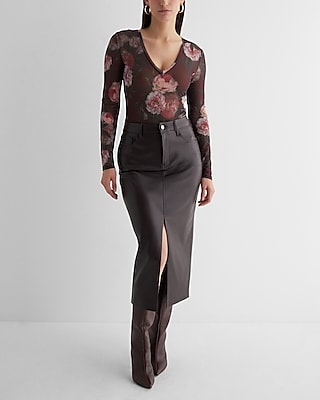 Fitted Mesh Floral Deep V-Neck Bodysuit