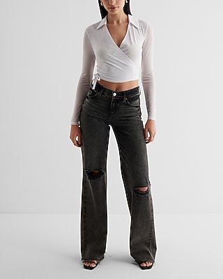 Mesh V-Neck Surplice Tie Long Sleeve Polo Tee