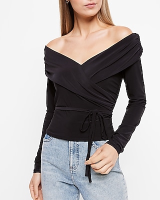 Off The Shoulder Long Sleeve Wrap Top Black Women's XS