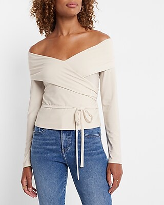 Off The Shoulder Long Sleeve Wrap Top Neutral Women's XS
