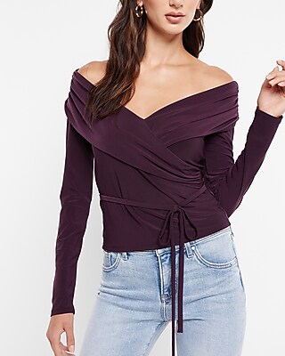Off The Shoulder Long Sleeve Wrap Top Purple Women's XS