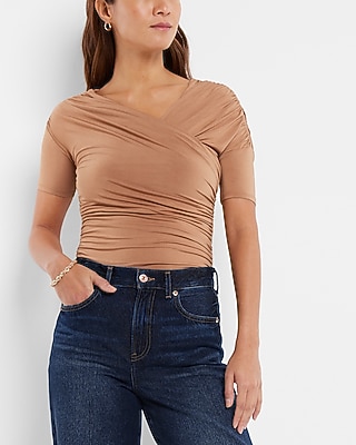 Bodycon Compression Silky Ruched Asymmetrical Neckline Thong Bodysuit Brown Women's XS