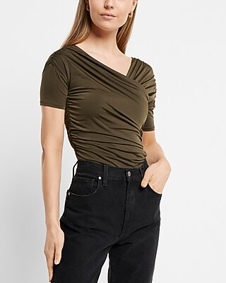 Bodycon Compression Silky Ruched Asymmetrical Neckline Thong Bodysuit