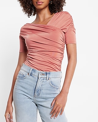 Bodycon Compression Silky Ruched Asymmetrical Neckline Thong Bodysuit Pink Women's XS