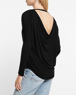 Long Sleeve Cowl Draped Back London Tee Black Women's XS