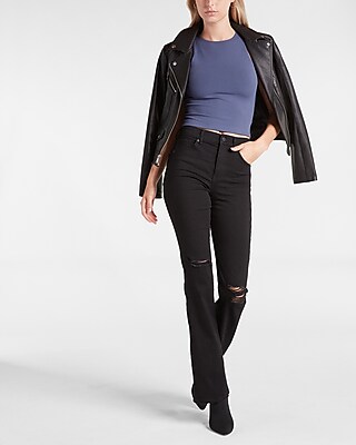 Express High Waisted Black Ripped Supersoft Bootcut Jeans