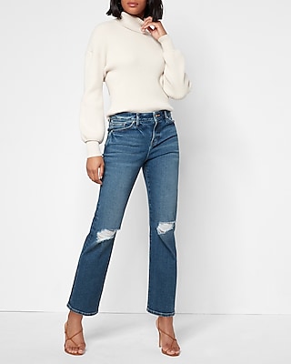 Mid Rise Dark Wash Ripped 90S Ankle Boot Jeans