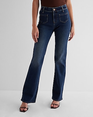 Mid Rise Dark Wash Patch Pocket Bootcut Jeans