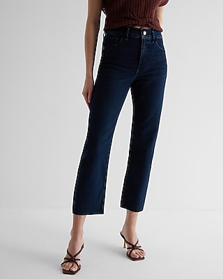 High Waisted Dark Wash Raw Hem Ankle Straight Jeans