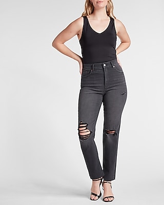 Express Super High Waisted Black Ripped Modern Straight Jeans