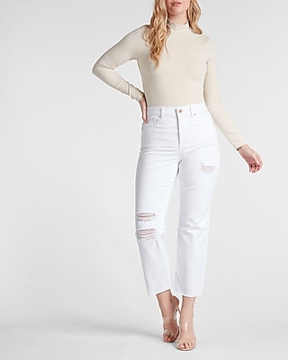 High Waisted White Ripped Straight Ankle Jeans