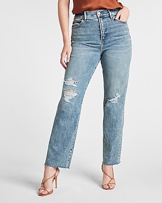 Super High Waisted Medium Wash Ripped Modern Straight Jeans