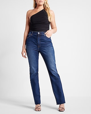 Super High Waisted Dark Wash Raw Hem Modern Straight Jeans