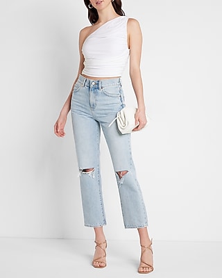 High Waisted Light Wash Ripped Straight Ankle Jeans