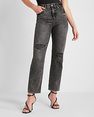 High Waisted Black Ripped Straight Ankle Jeans