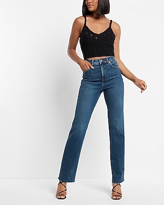 Express Super High Waisted Dark Wash Modern Straight Jeans, Women's Size:8