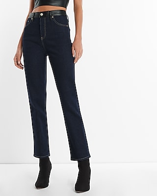 High Waisted Faux Leather Waistband Rinse Straight Ankle Jeans