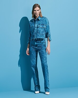 Express X Simon Spurr Cyan Acid Wash Super High Waisted Straight Leg Jeans