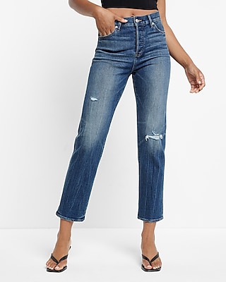 Express High Waisted Dark Wash Selvedge Straight Ankle Jeans