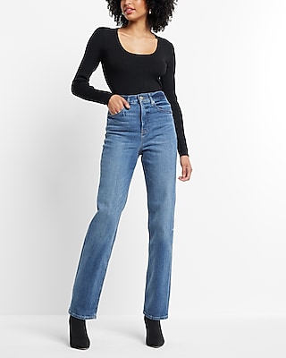 Super High Waisted Medium Wash Soft Straight Jeans