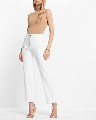 Express High Waisted White Cuffed Hem Straight Ankle Jeans