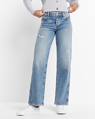Low Rise Medium Wash Ripped Baggy Straight Jeans