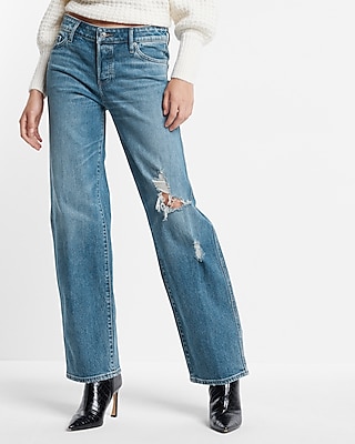 Low Rise Medium Washed Ripped Baggy Straight Jeans
