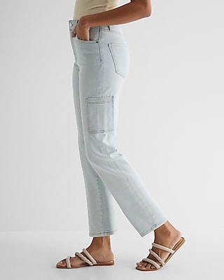 High Waisted Light Wash Utility Straight Ankle Jeans