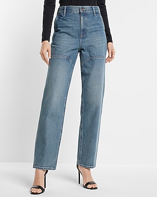 Super High Waisted Medium Wash Utility Modern Straight Jeans