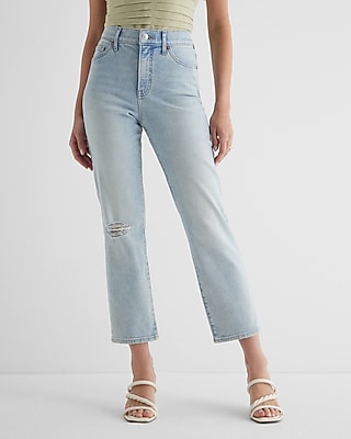 High Waisted Light Wash Ripped Straight Ankle Jeans