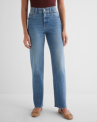 High Waisted Medium Wash Raw Hem Modern Straight Jeans
