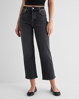 High Waisted Washed Black Relaxed Straight Ankle Jeans