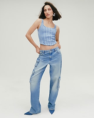 High Waisted Medium Wash Relaxed Straight Cargo Jeans