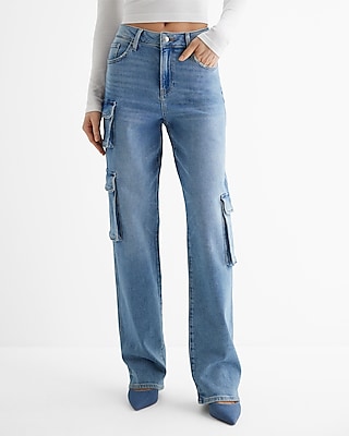 High Waisted Medium Wash Relaxed Straight Cargo Jeans, Women's Size:14 Long