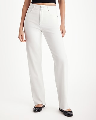 High Waisted White Raw Hem Relaxed Straight Leg Jeans