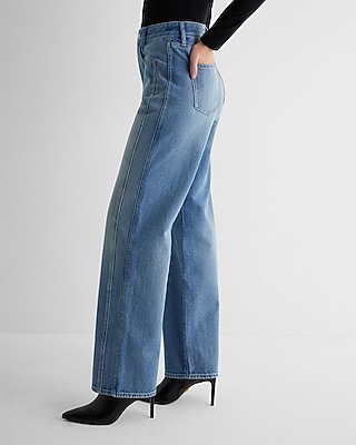 High Waisted Medium Wash Double Seam Relaxed Straight Jeans