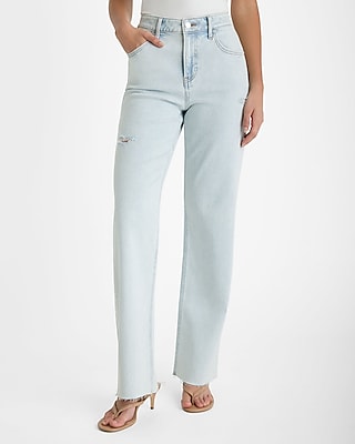 High Waisted Light Wash Ripped Raw Hem Relaxed Straight Jeans