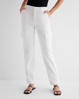 High Waisted White Cargo Cinched Hem Straight Jeans