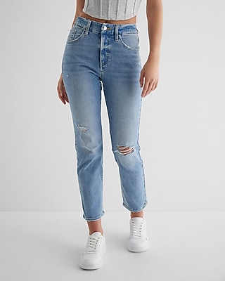 High Waisted Medium Wash Ripped Curvy FlexX Ankle Straight Jeans