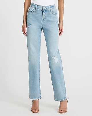 High Waisted Light Wash Ripped Straight Jeans