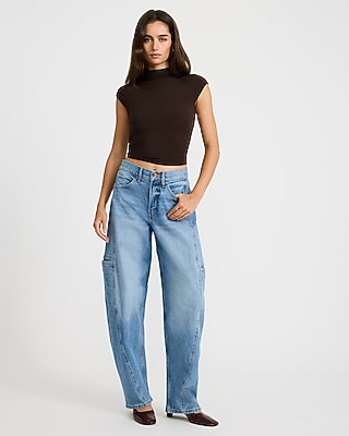 High Waisted Utility Barrel Medium Wash Jeans