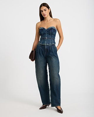 High Waisted Pleated Barrel Dark Wash Jeans