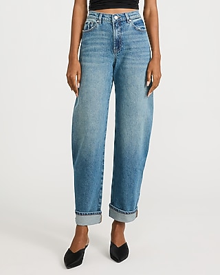 High Waisted Cuffed Barrel Dark Wash Jeans